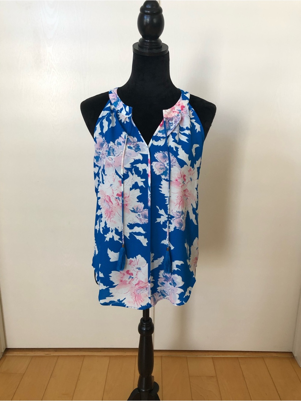 Blue Floral Tie-Front Sleeveless Top